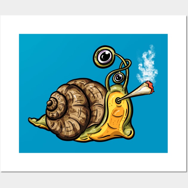 Toking Smoking Weed Snail Cartoon Illustration Wall Art by Squeeb Creative
